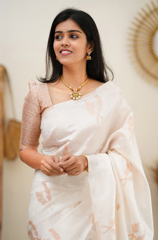 White Silk Saree With Jacquard Work