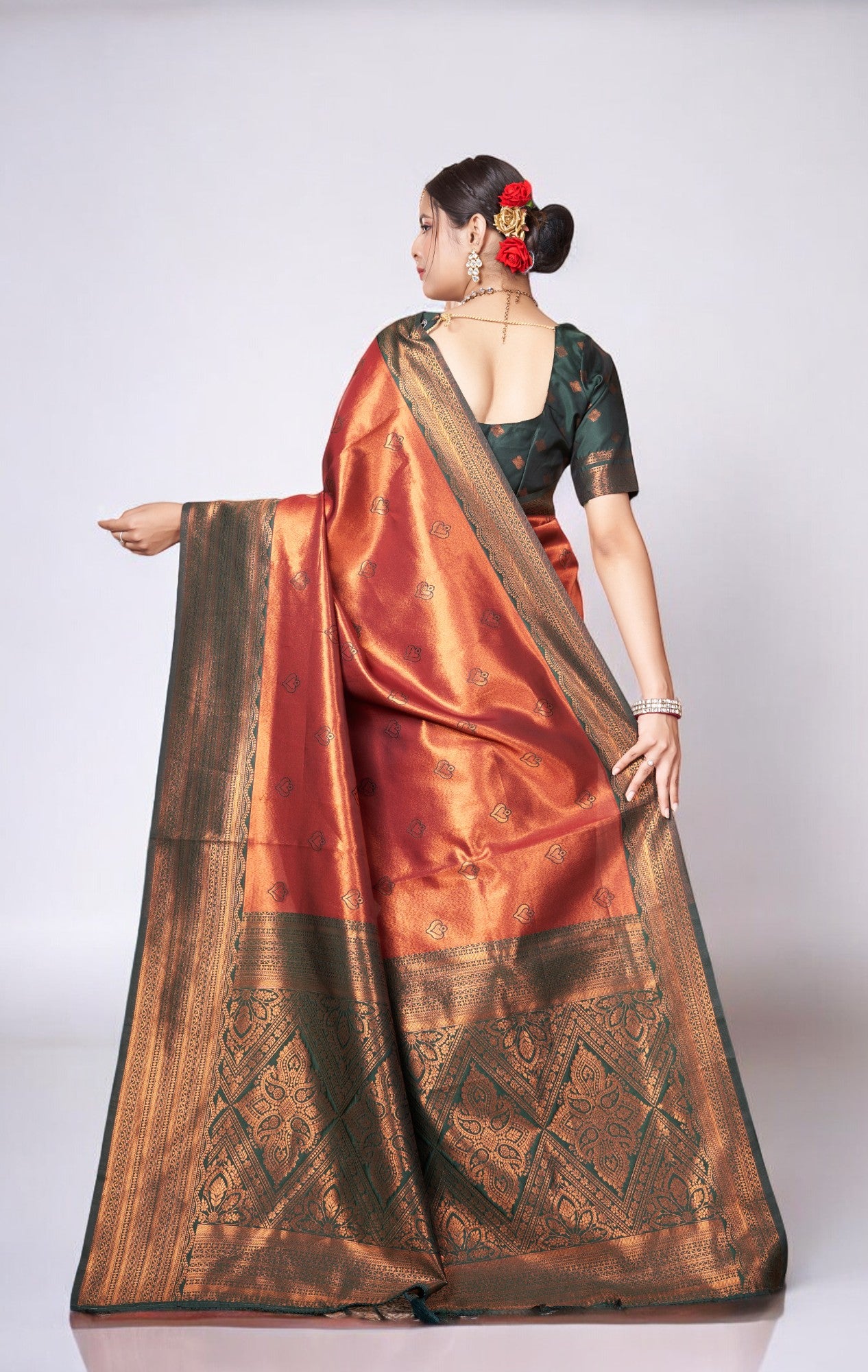 Saffron Orange Kanjivaram Silk Saree With Zari Thread Artistry