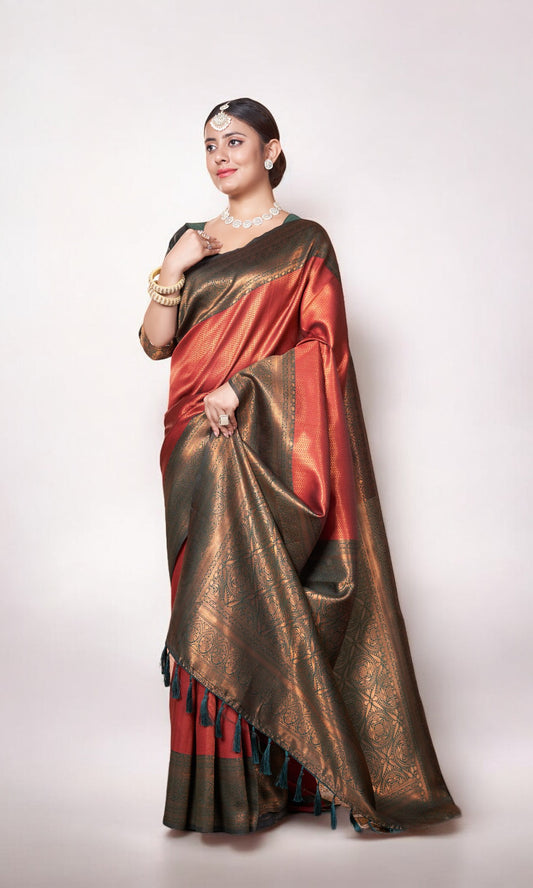 Orange Green  Kanjivaram Silk Saree With Zari Thread Artistry