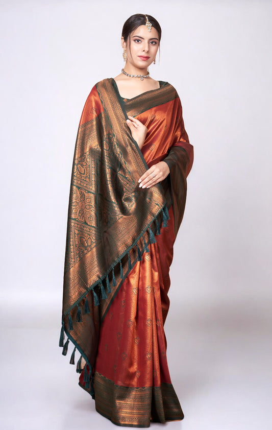 Saffron Orange Kanjivaram Silk Saree With Zari Thread Artistry