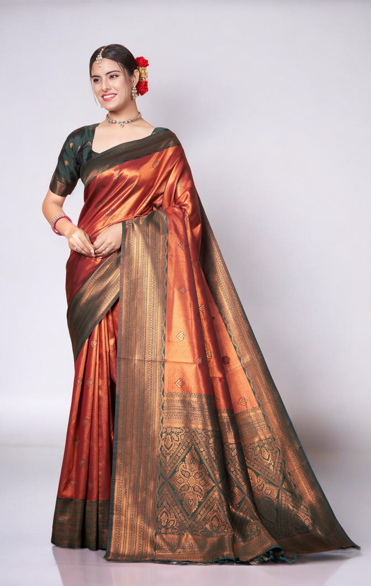 Saffron Orange Kanjivaram Silk Saree With Zari Thread Artistry