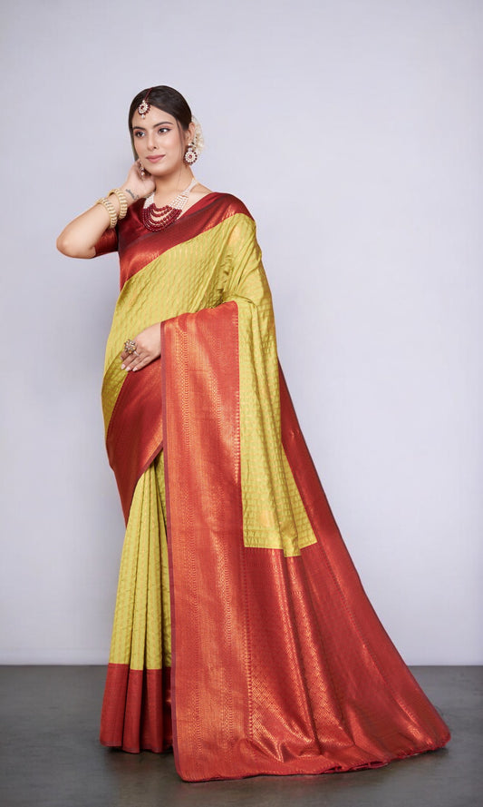 Lime Yellow Kanjivaram Silk Saree With Jacquard Border