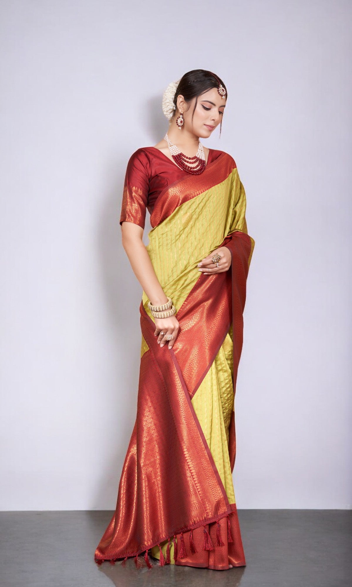 Lime Yellow Kanjivaram Silk Saree With Jacquard Border