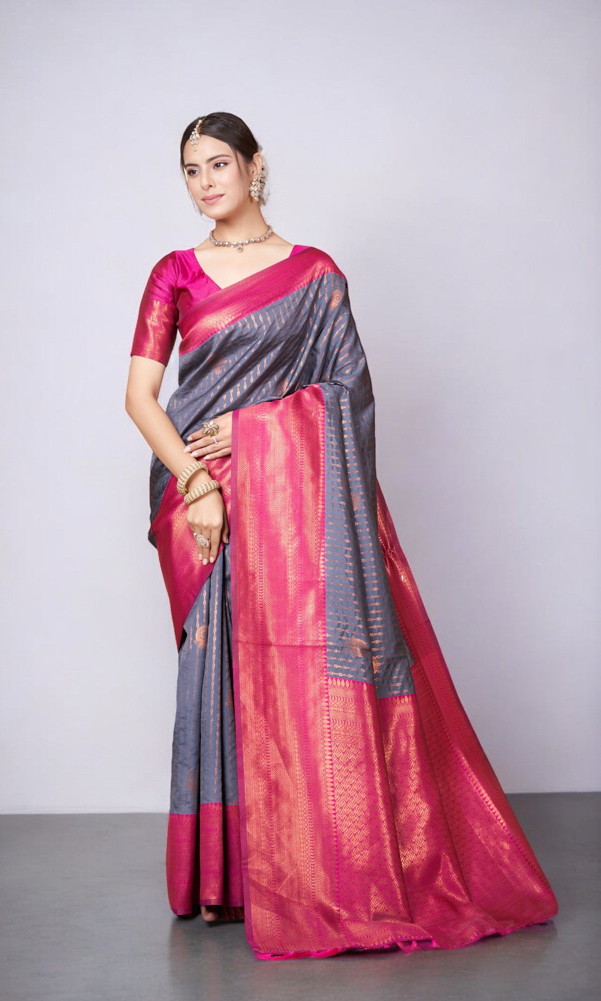 Grey Kanjivaram Silk Saree With Jacquard Border