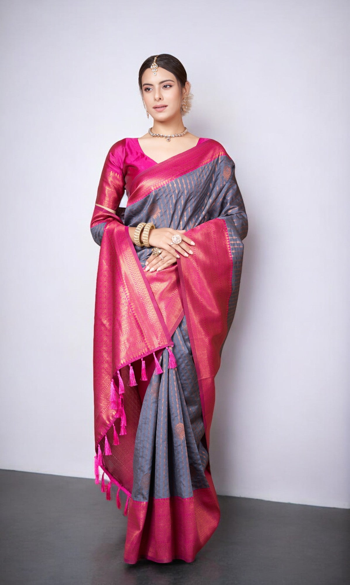 Grey Kanjivaram Silk Saree With Jacquard Border