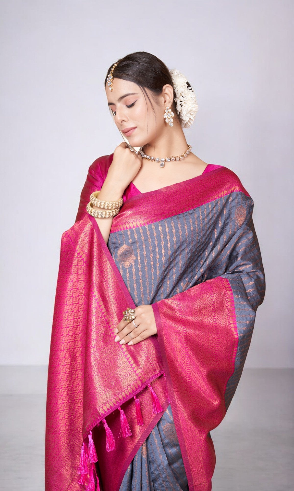 Grey Kanjivaram Silk Saree With Jacquard Border