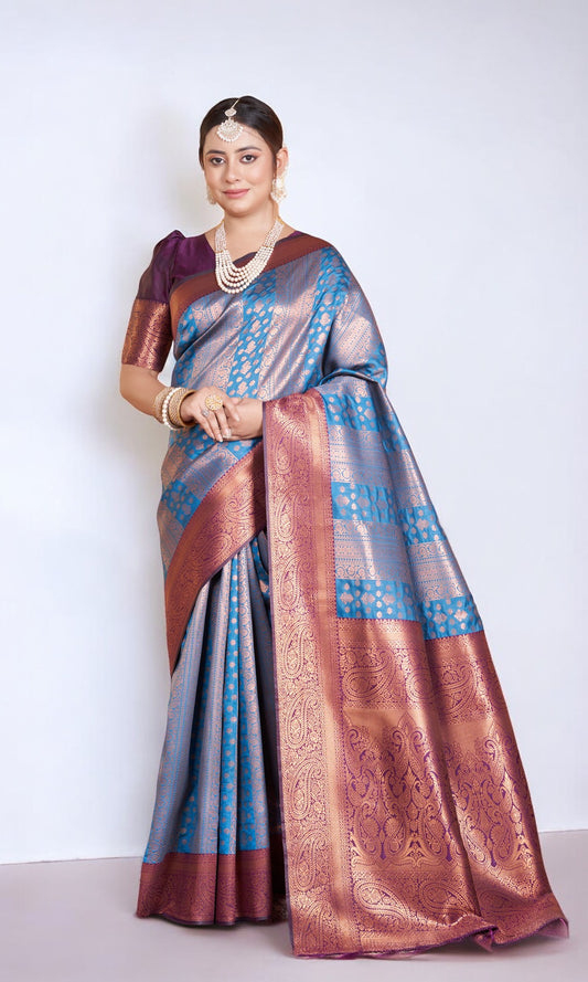 Blue Silk Saree With Jacquard Jari Work Pattern