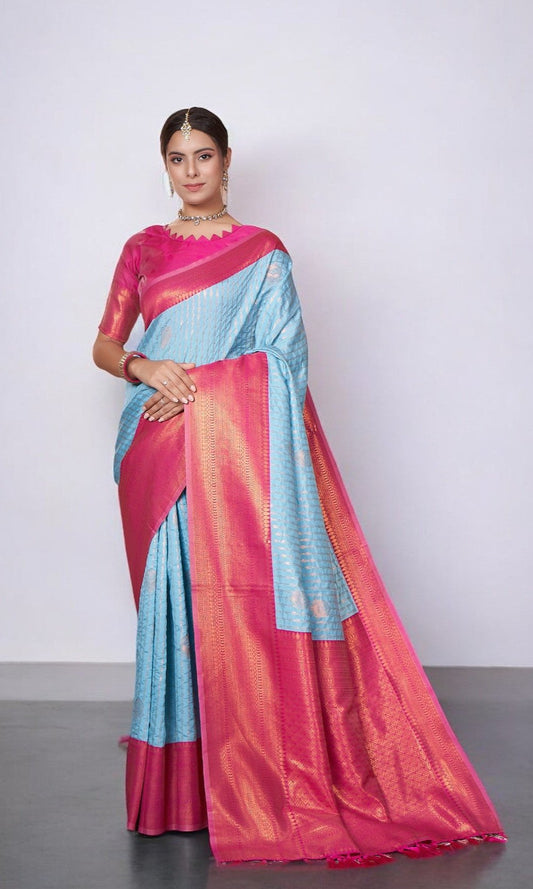 Sky Blue Kanjivaram Silk Saree With Jacquard Border