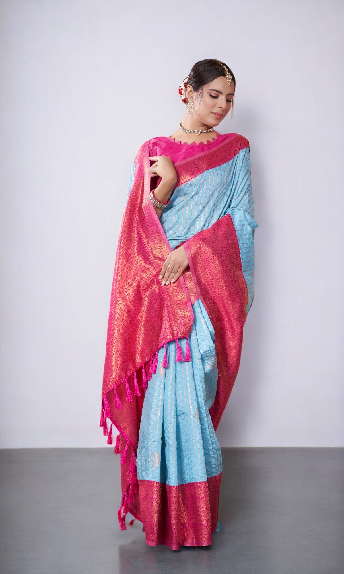 Sky Blue Kanjivaram Silk Saree With Jacquard Border