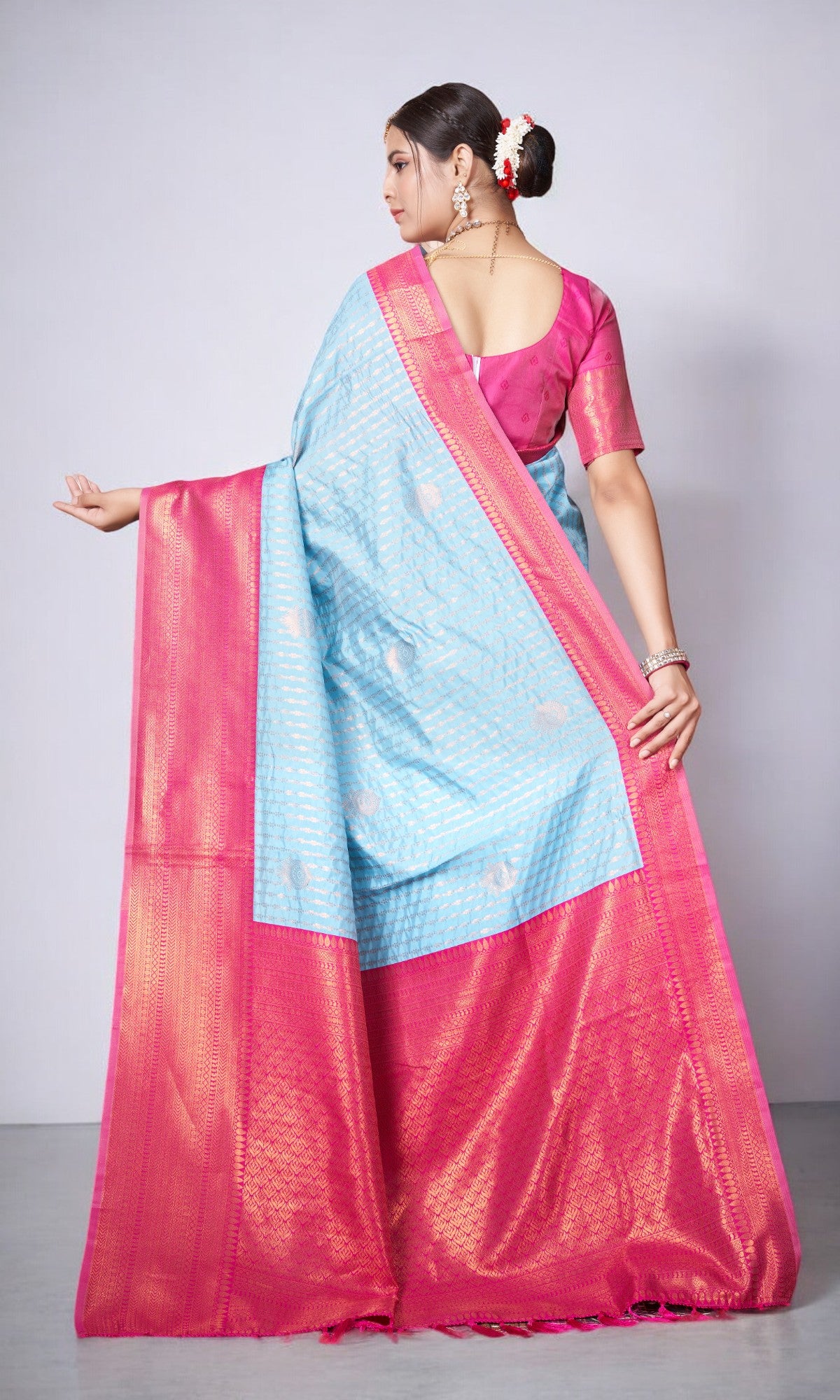 Sky Blue Kanjivaram Silk Saree With Jacquard Border