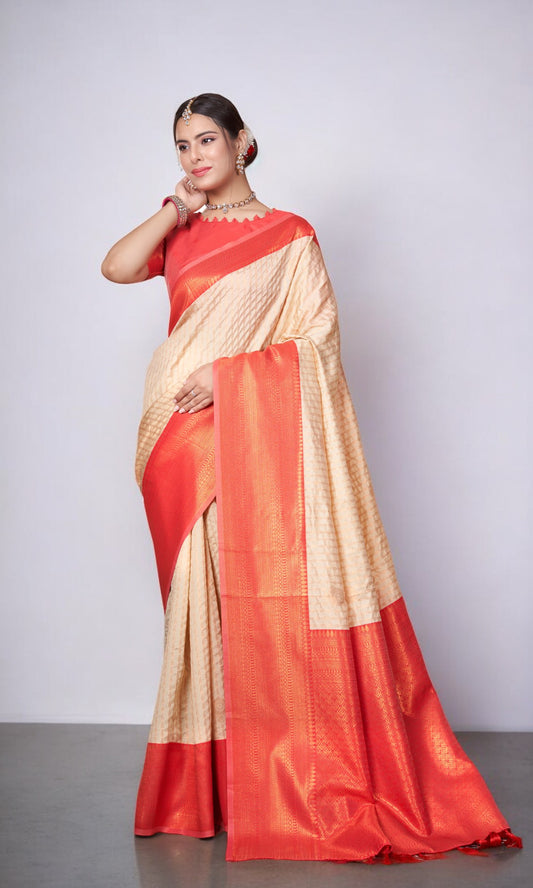 Beige Kanjivaram Silk Saree With Jacquard Border