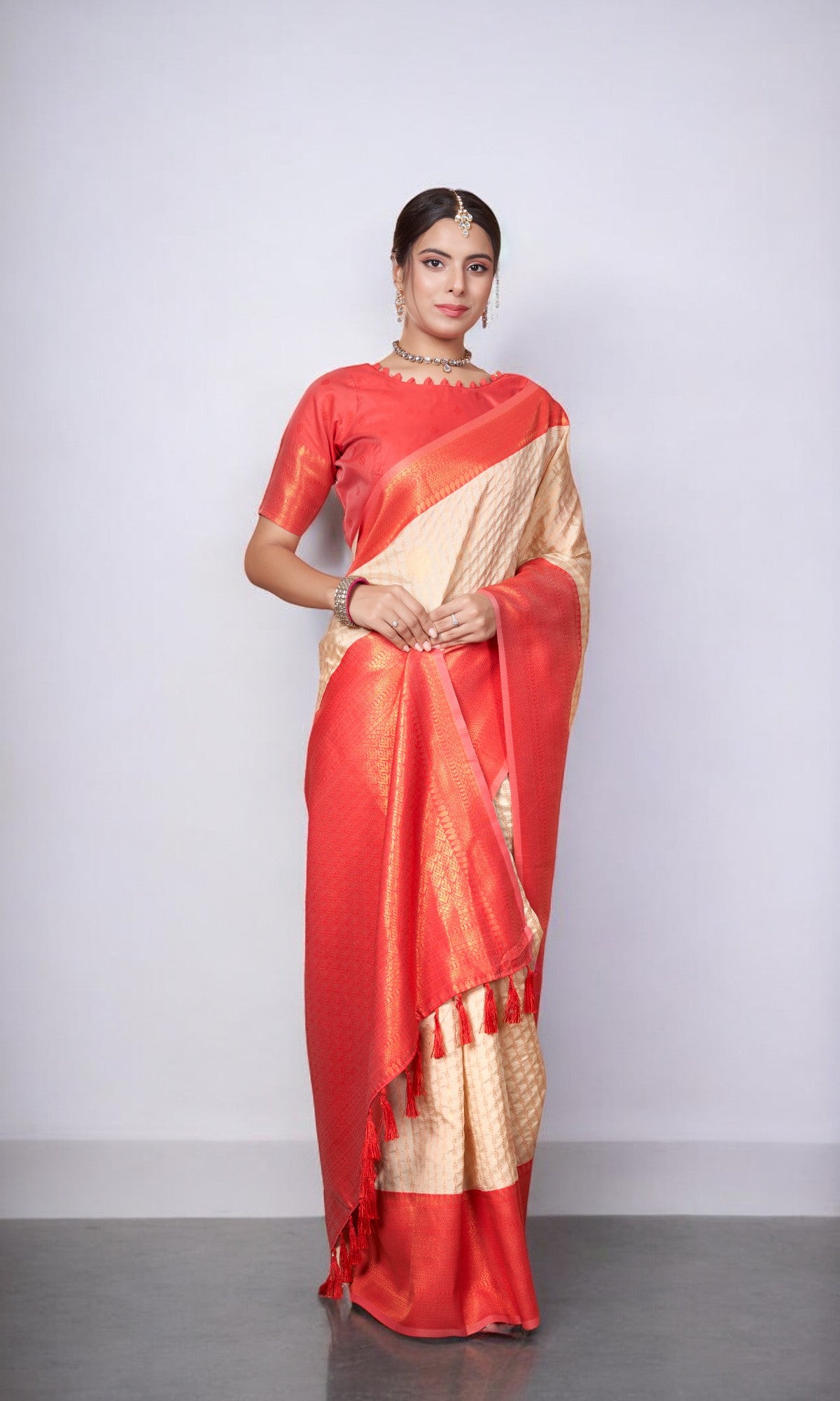 Beige Kanjivaram Silk Saree With Jacquard Border