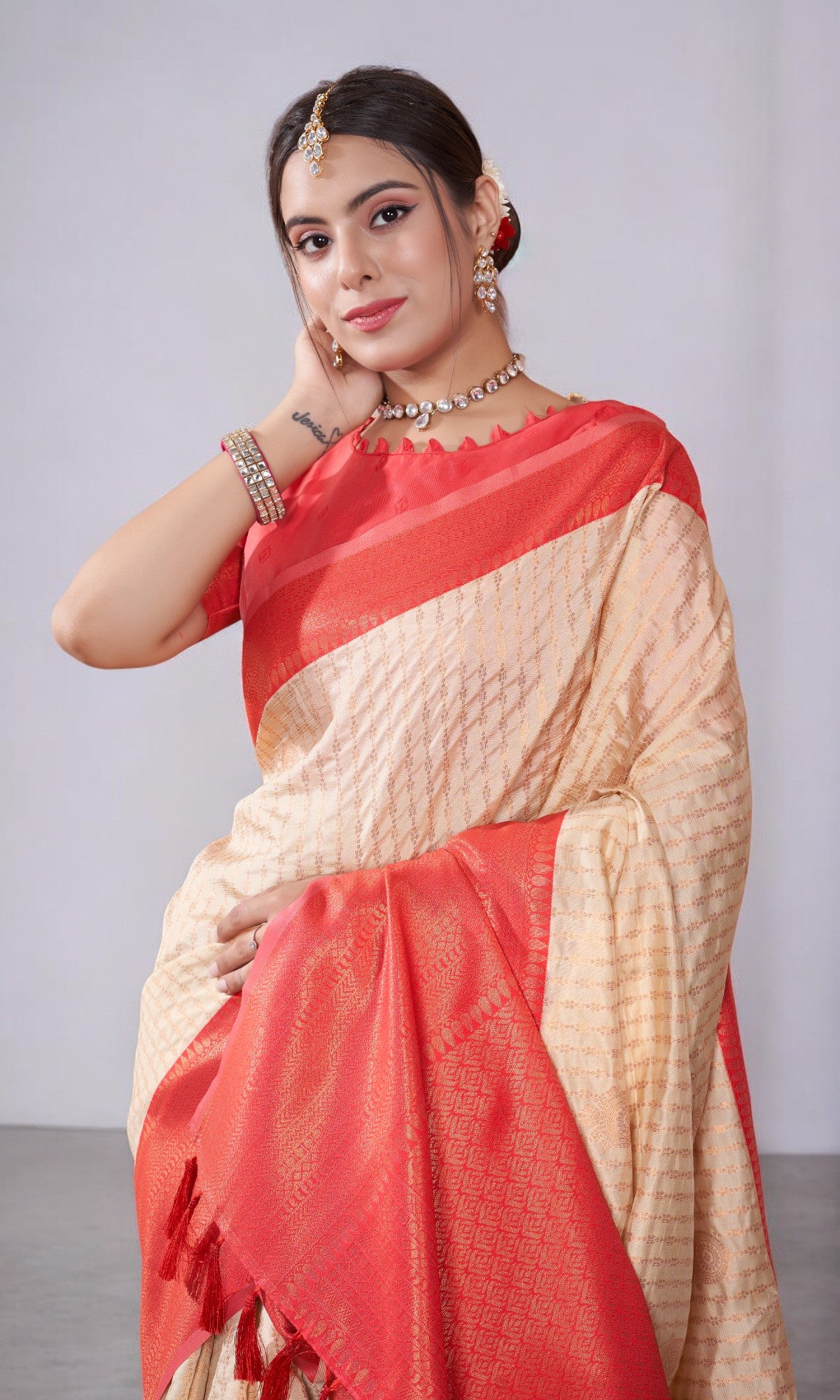 Beige Kanjivaram Silk Saree With Jacquard Border