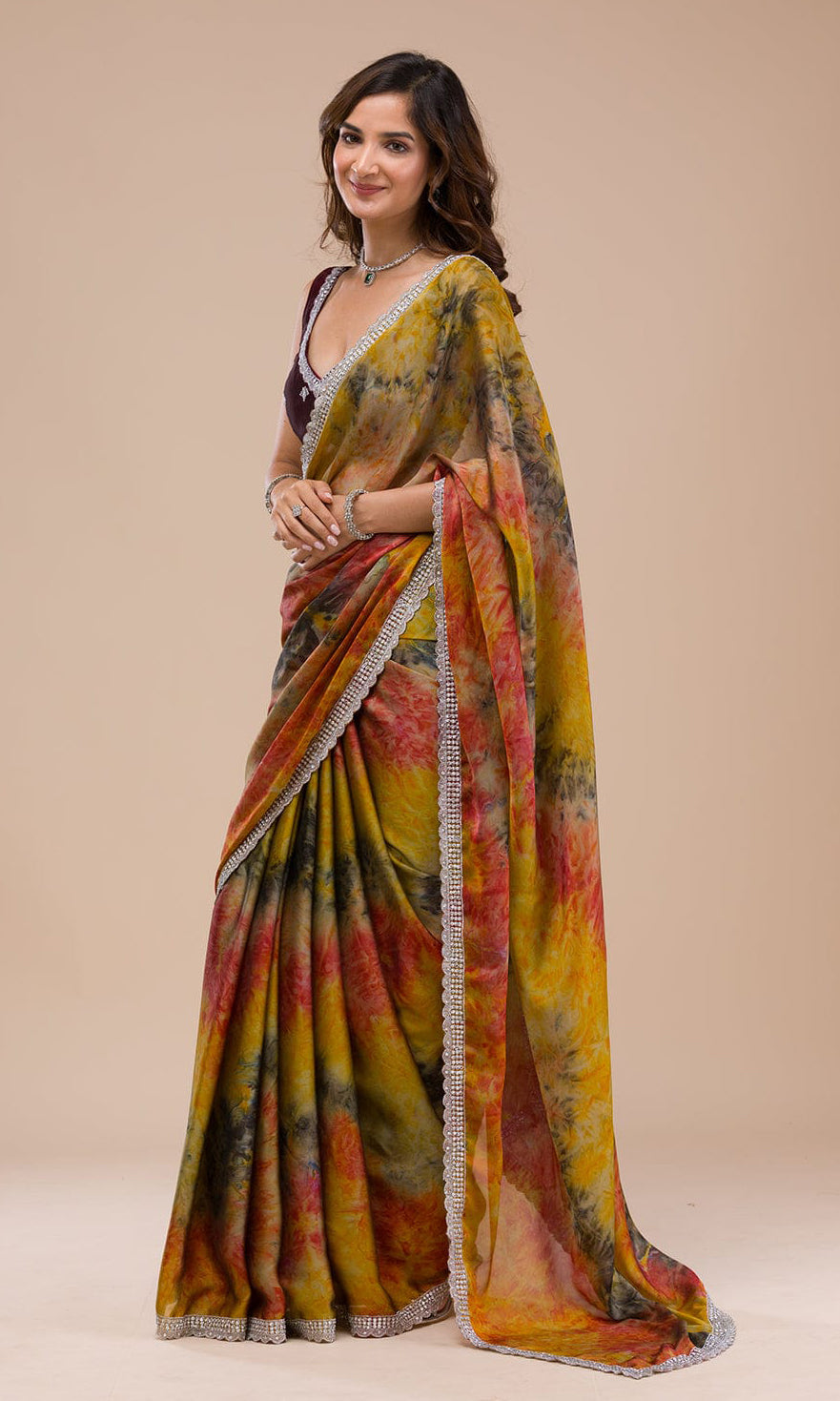 Yellow Designer Print And C-pallu Zari Work Along With Hand Stone Work