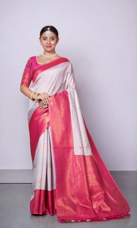 White Kanjivaram Silk Saree With Jacquard Border