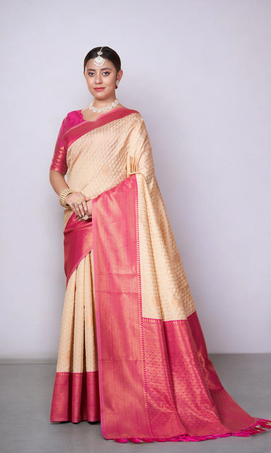 Amber Golden Kanjivaram Silk Saree With Jacquard Border