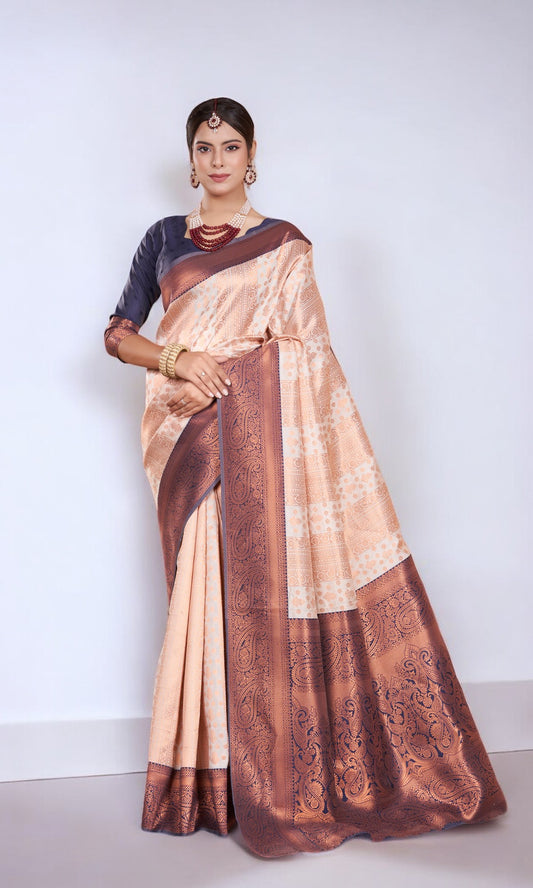 Ivory Silk Saree With Jacquard Jari Work Pattern