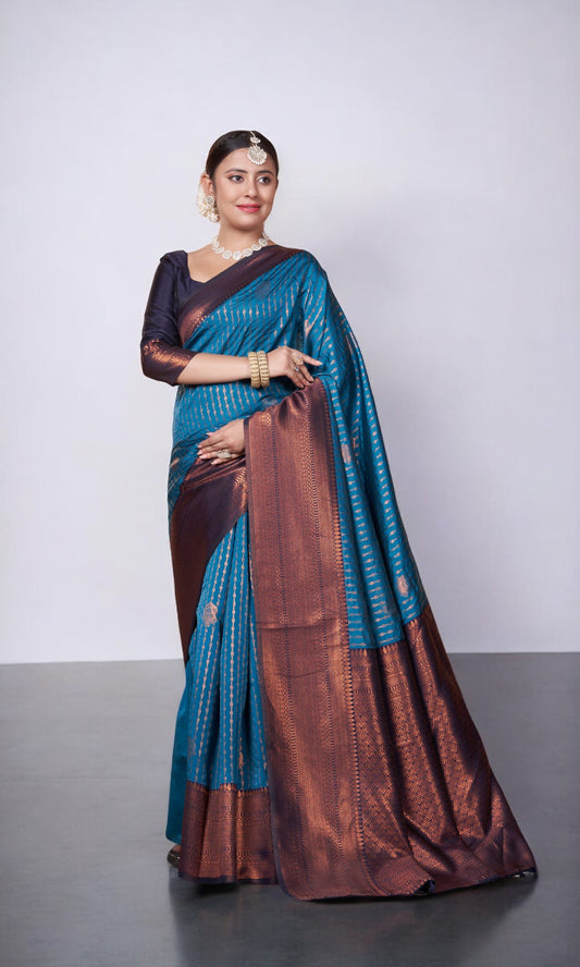 Blue Kanjivaram Silk Saree With Jacquard Border