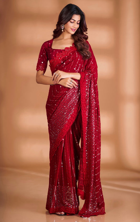 Red Saree With Fancy Beautiful  Embrodery Heavy Sequence