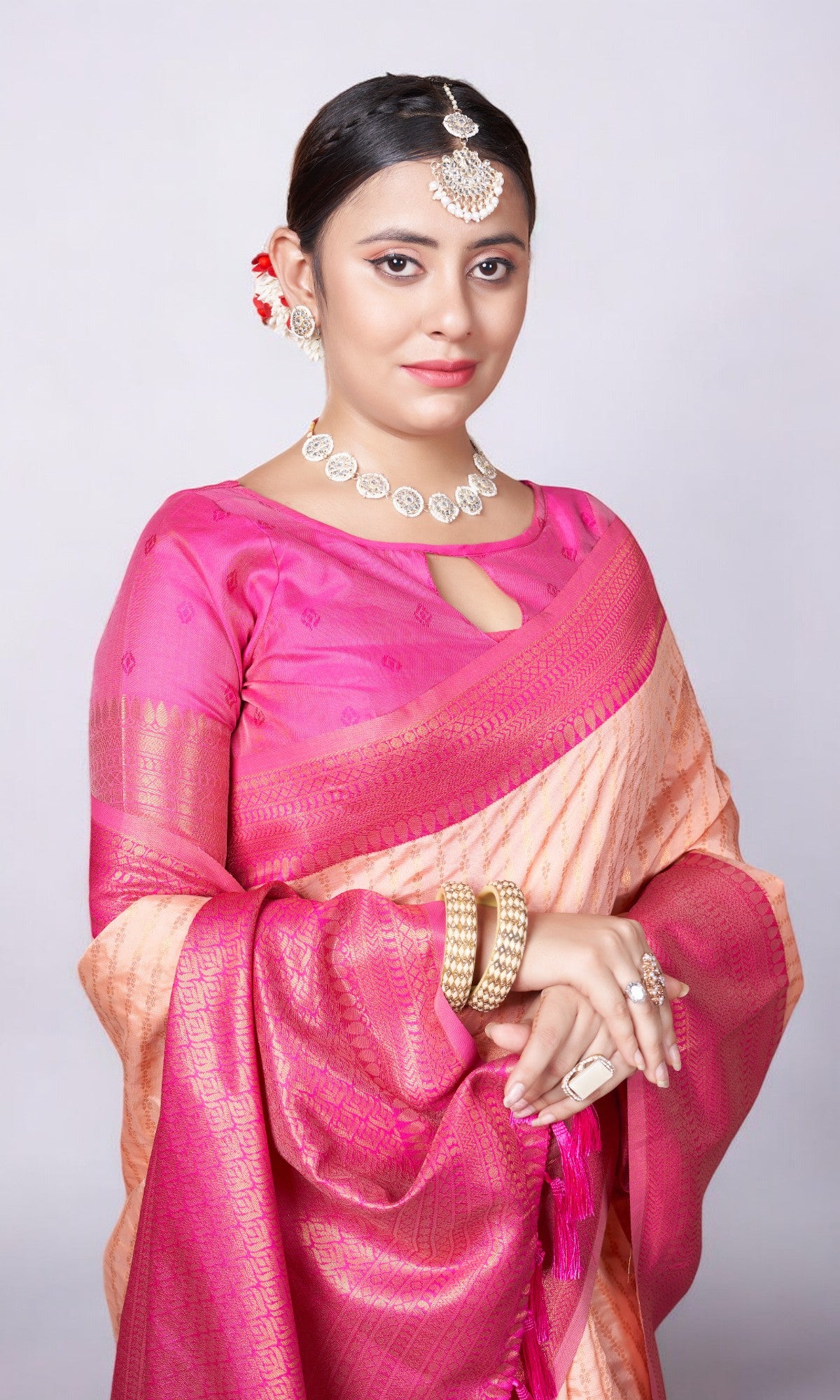 light Pink Kanjivaram Silk Saree With Jacquard Border