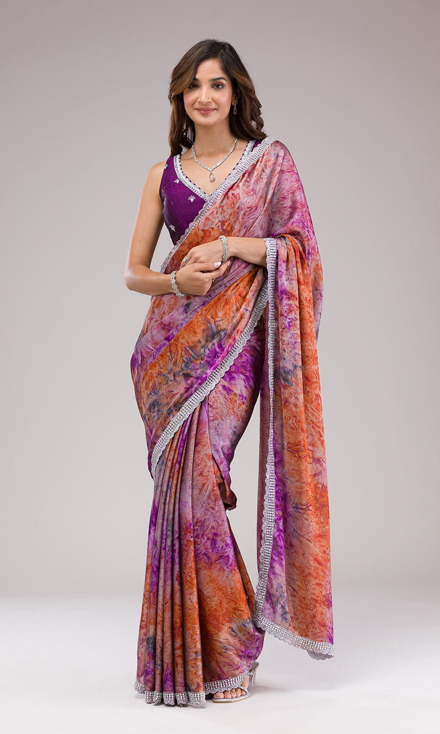 Violet Designer Print And C-pallu Zari Work Along With Hand Stone Work