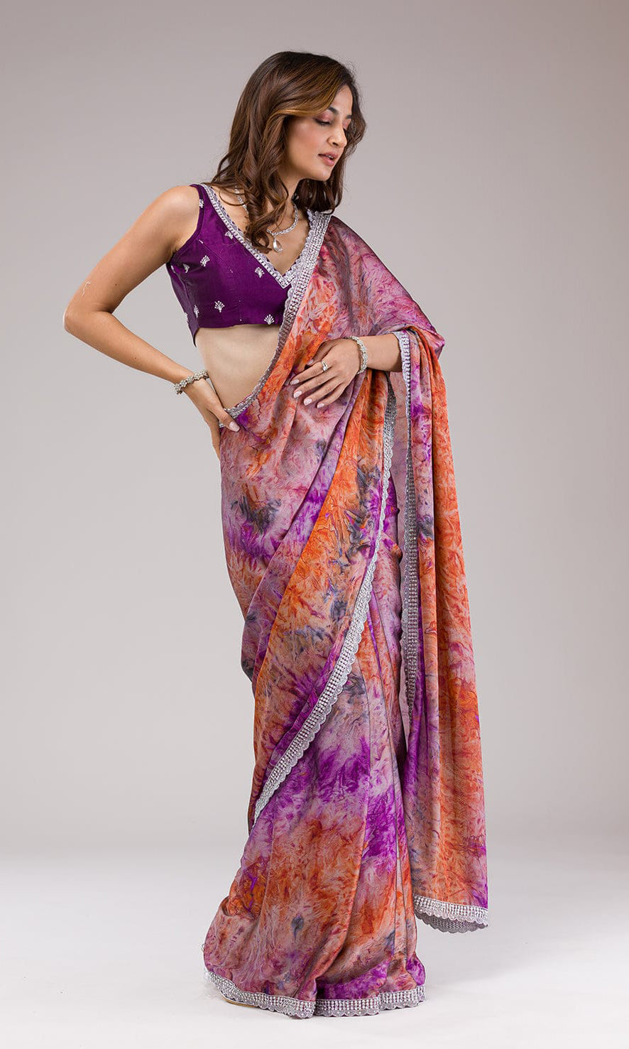 Violet Designer Print And C-pallu Zari Work Along With Hand Stone Work