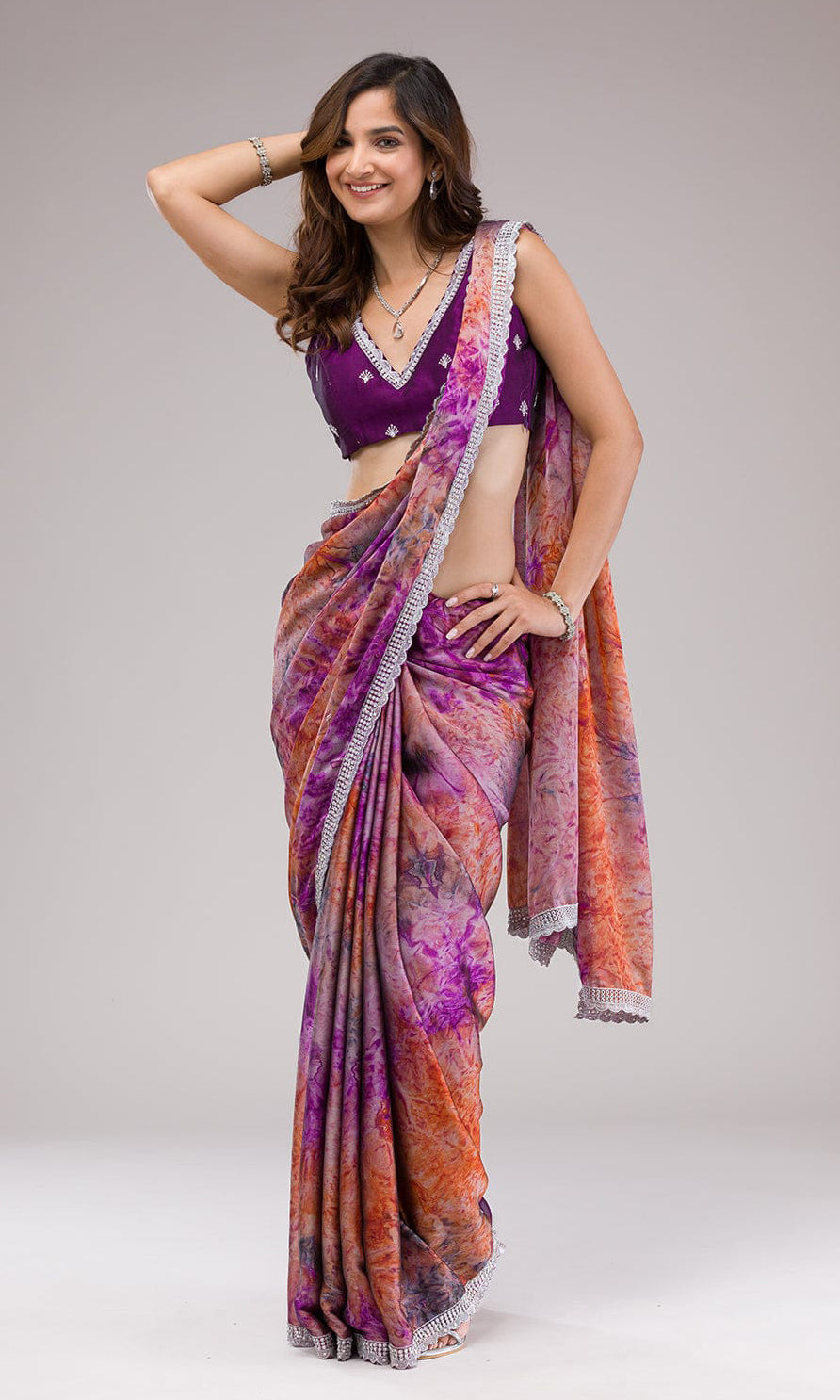 Violet Designer Print And C-pallu Zari Work Along With Hand Stone Work