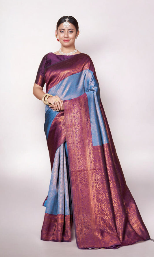 Royal Blue Kanjivaram Silk Saree With Zari Thread Artistry