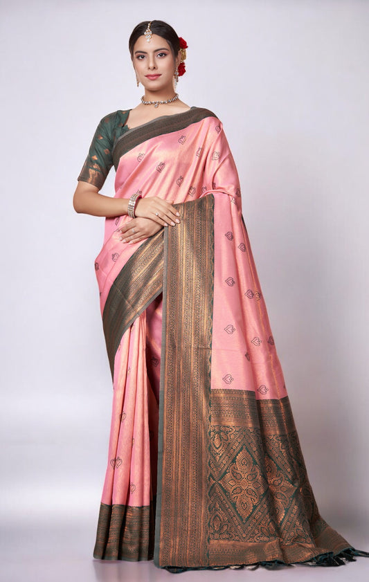 Rose Pink Kanjivaram Silk Saree With Zari Thread Artistry