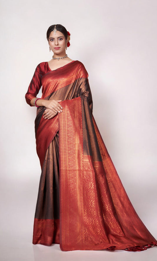 Black Silk Saree With Zari Thread Artistry