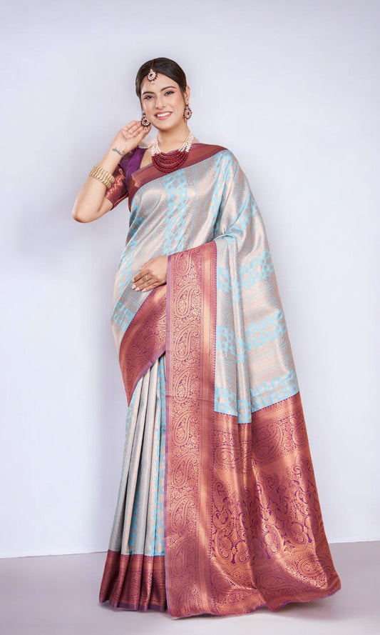 Light Blue Silk Saree With Jacquard Jari Work Pattern