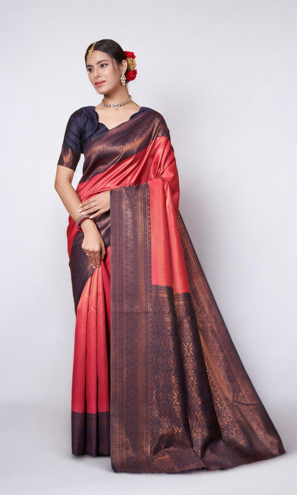 Red Silk Saree With Zari Thread Artistry