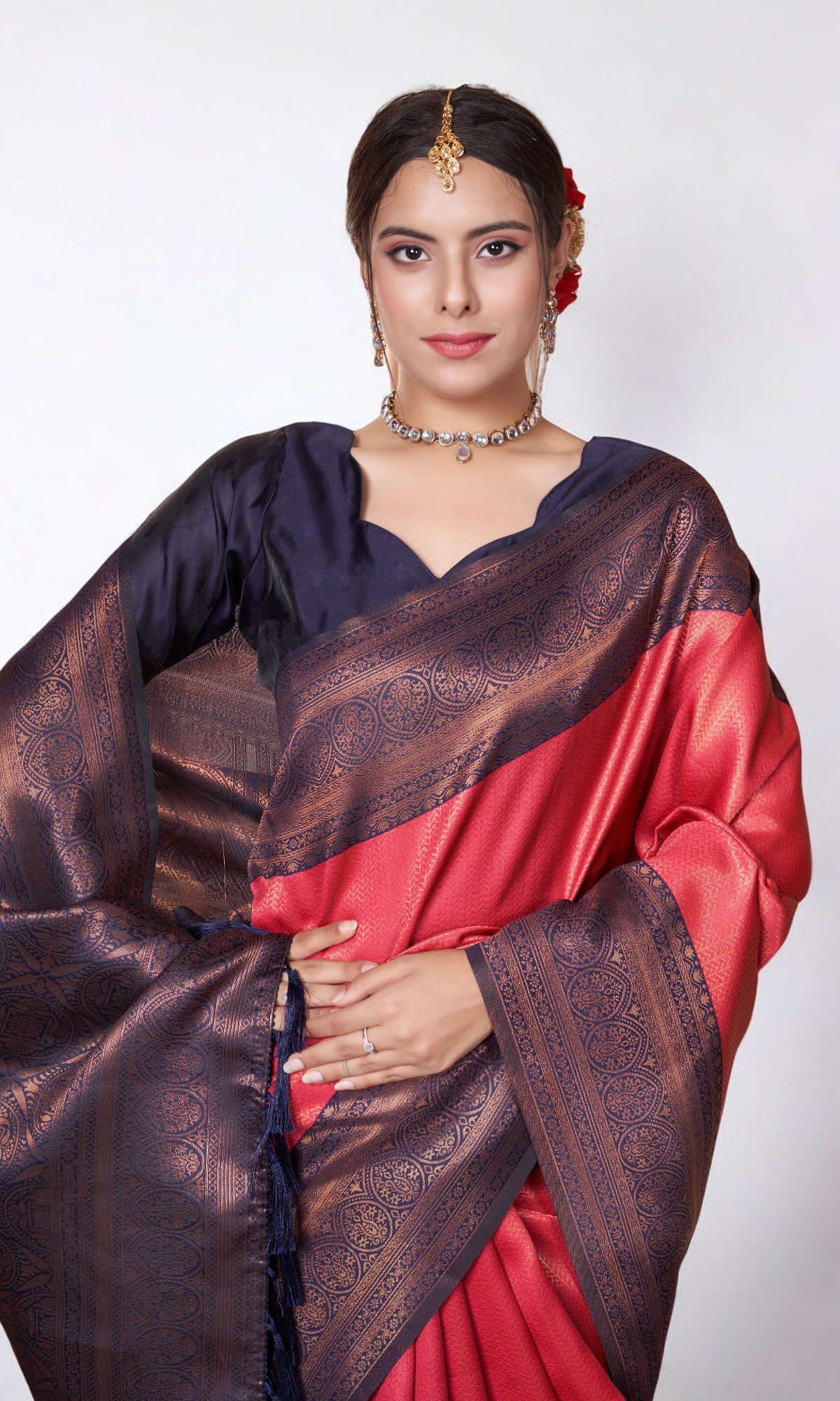 Red Silk Saree With Zari Thread Artistry