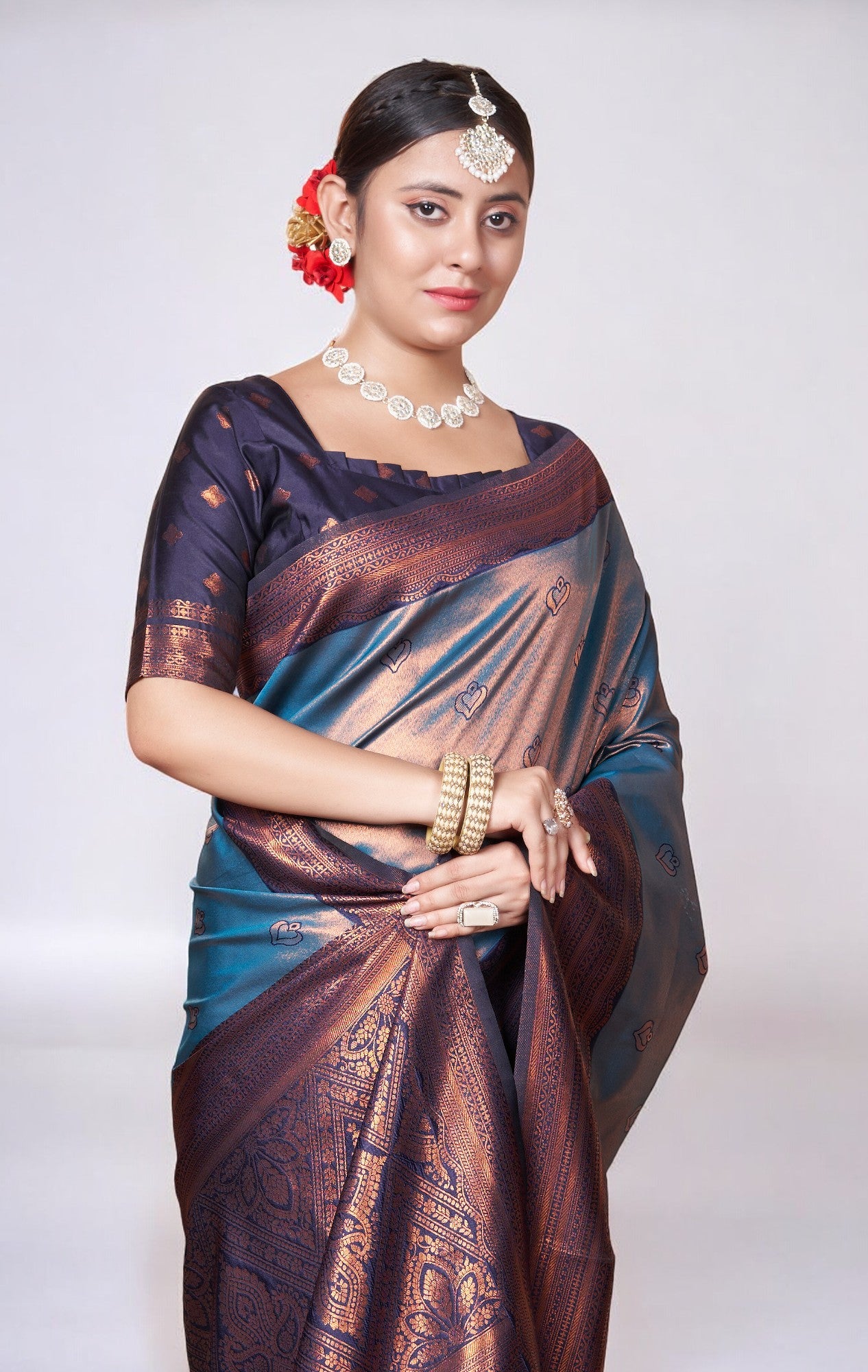 Indigo Blue Kanjivaram Silk Saree With Zari Thread Artistry