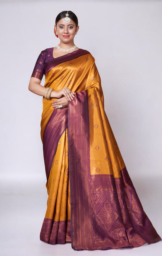 Golden Yellow Kanjivaram Silk Saree With Zari Thread Artistry