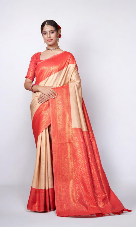 Ivory Silk Saree With Zari Thread Artistry