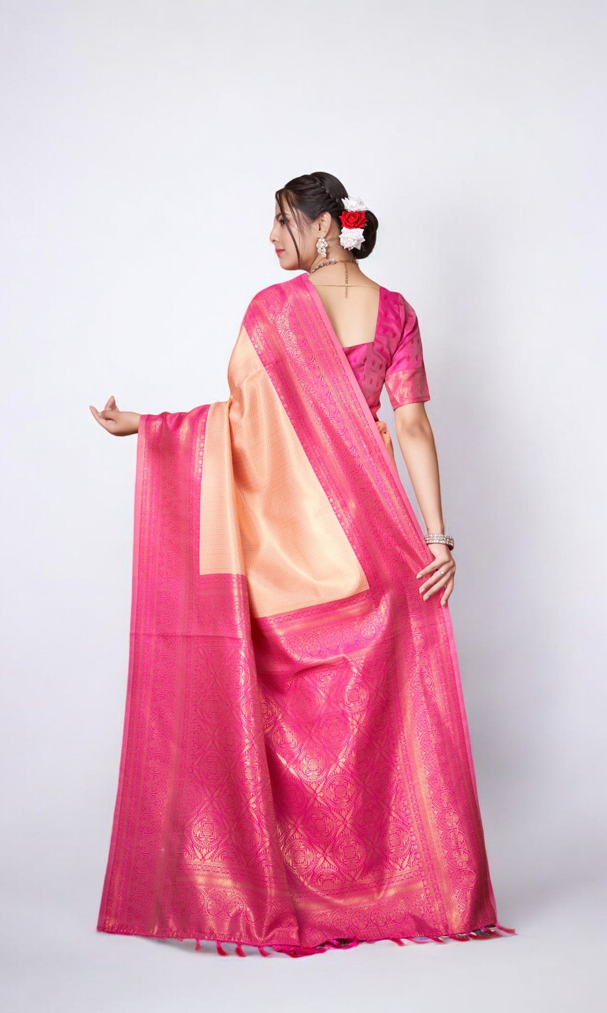 Salmon Orange  Silk Saree With Zari Thread Artistry