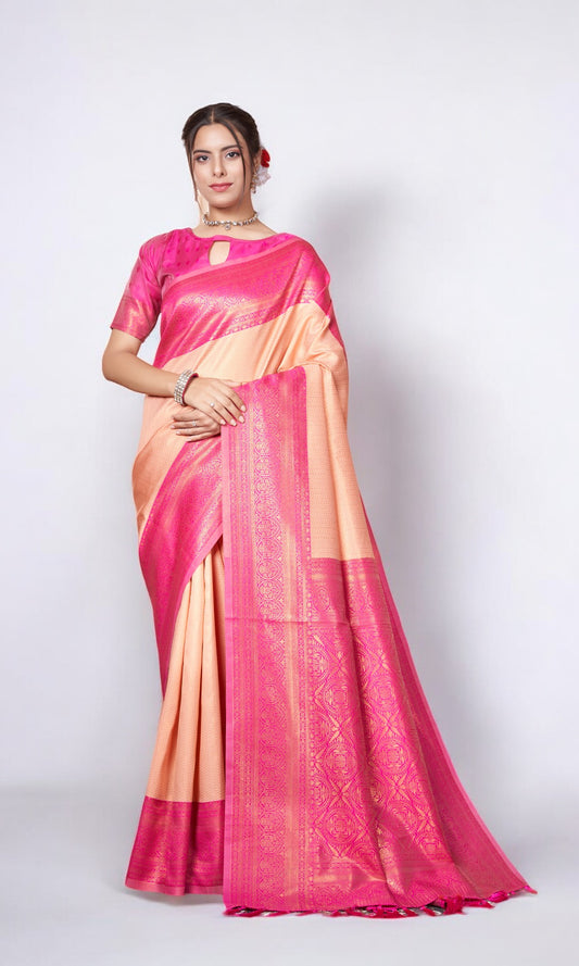 Salmon Orange  Silk Saree With Zari Thread Artistry