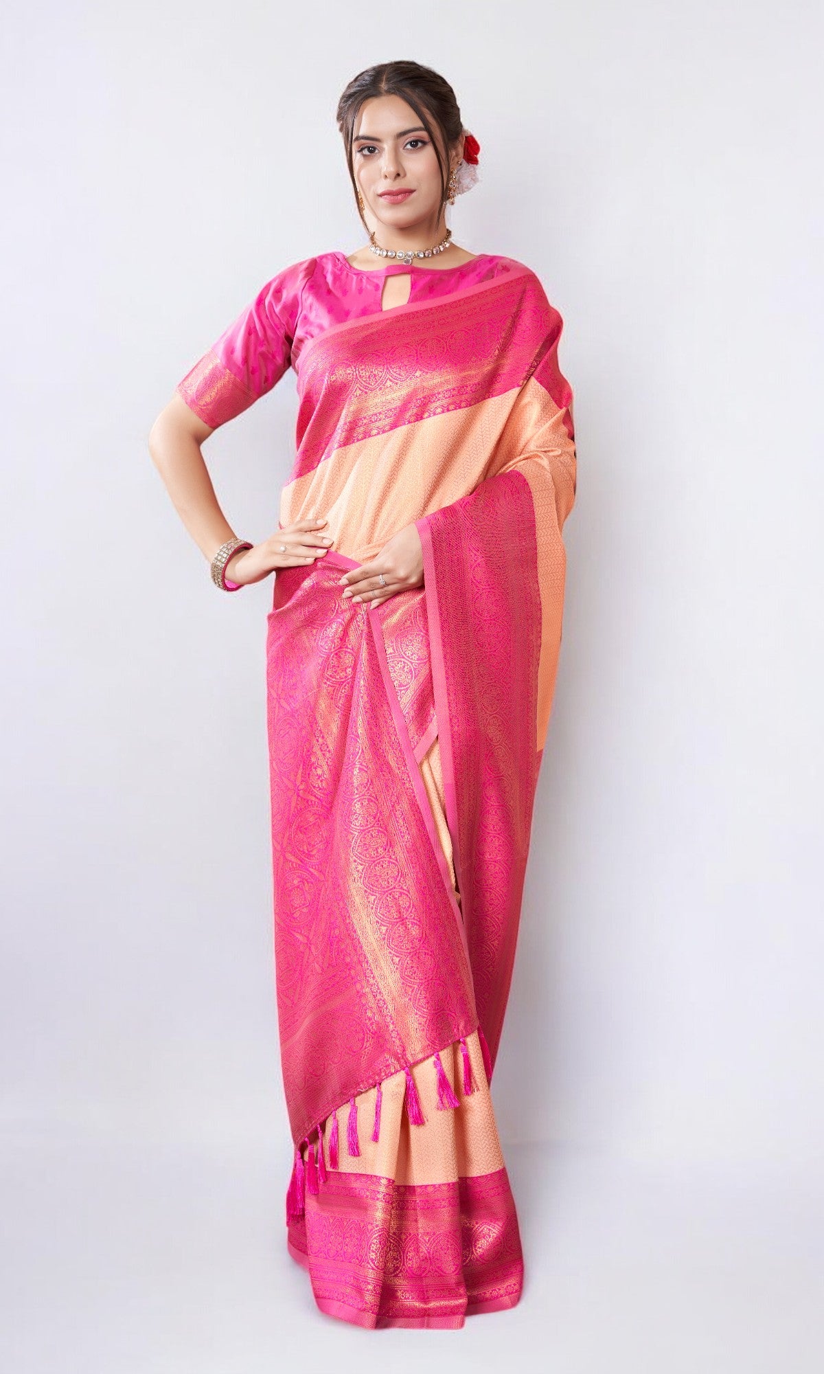 Salmon Orange  Silk Saree With Zari Thread Artistry