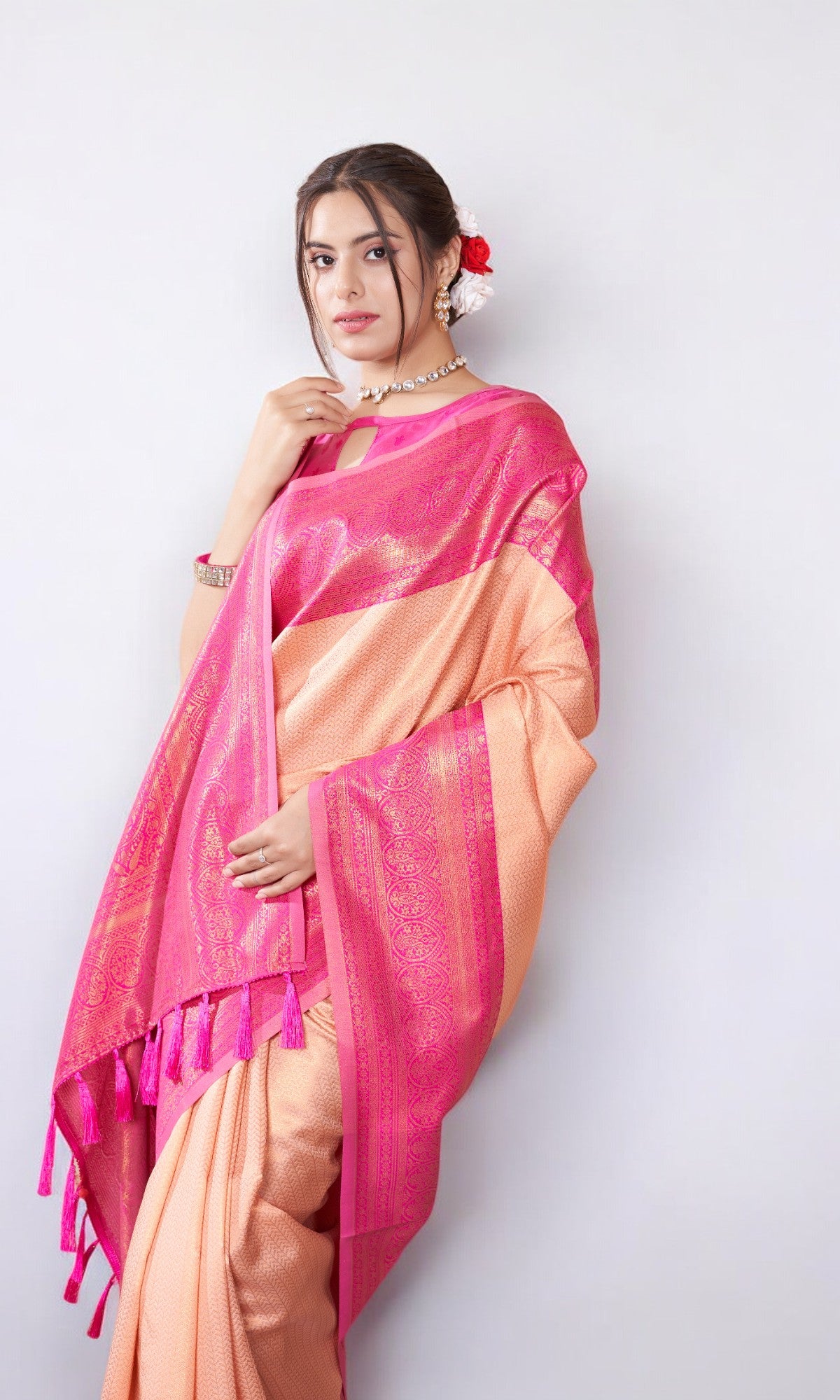 Salmon Orange  Silk Saree With Zari Thread Artistry