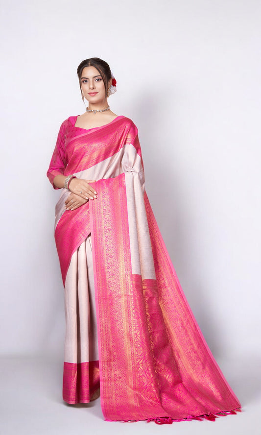 Pink Silk Saree With Zari Thread Artistry