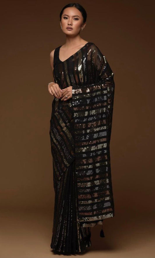 Black Saree With Embroidery Codding & Sequins Work