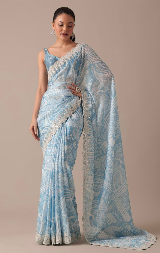 Sky Blue Saree With Digital Prints Embroidery Codding & Sequins Work