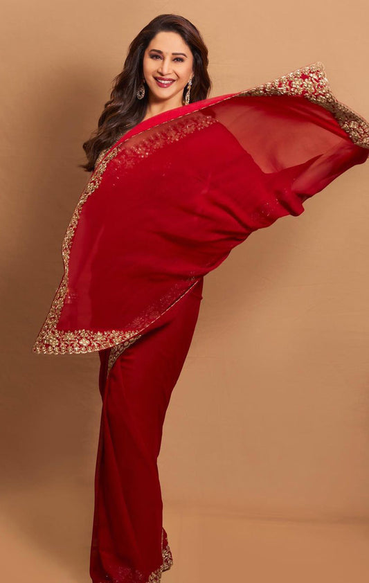 Red Saree With Fancy Embroidery Thred Zari & Sequins Work