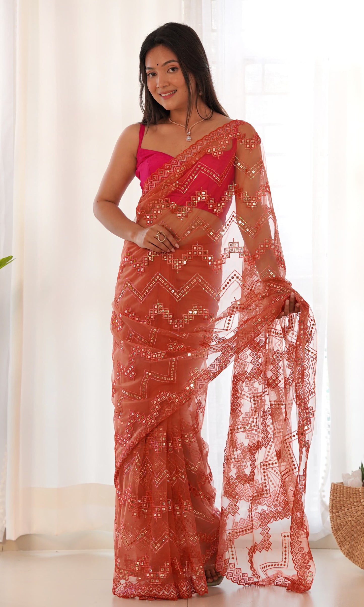 Red Saree With Sequence Embroidered Work On Body & Border With Cutwork