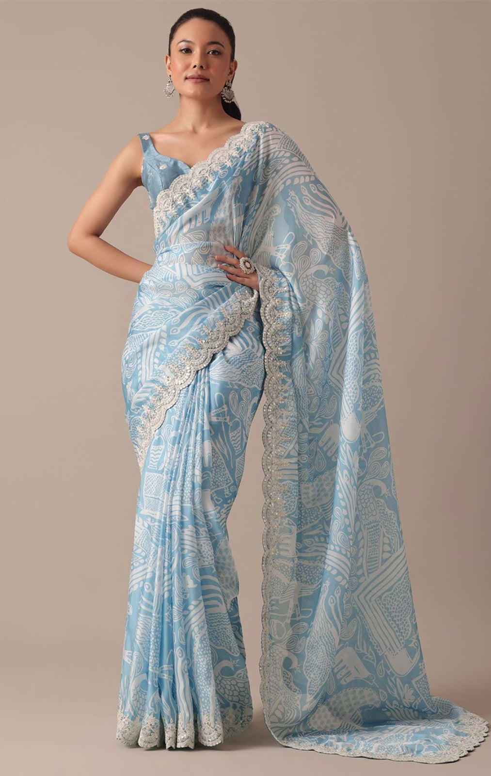 Sky Blue Saree With Digital Prints Embroidery Codding & Sequins Work