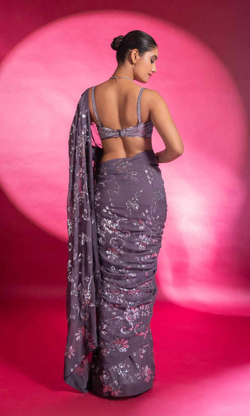 Grey Saree With Embroidery Codding & Sequins Work