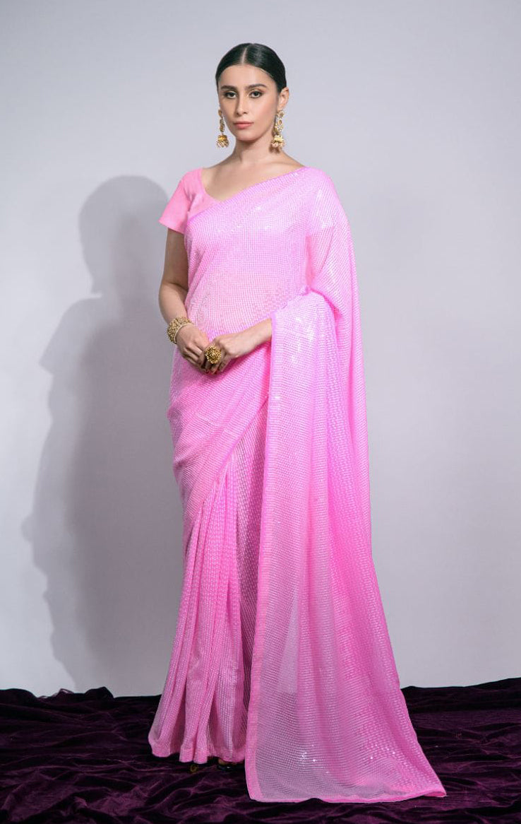 Pink Saree With Fancy Embroidery Sequins Work