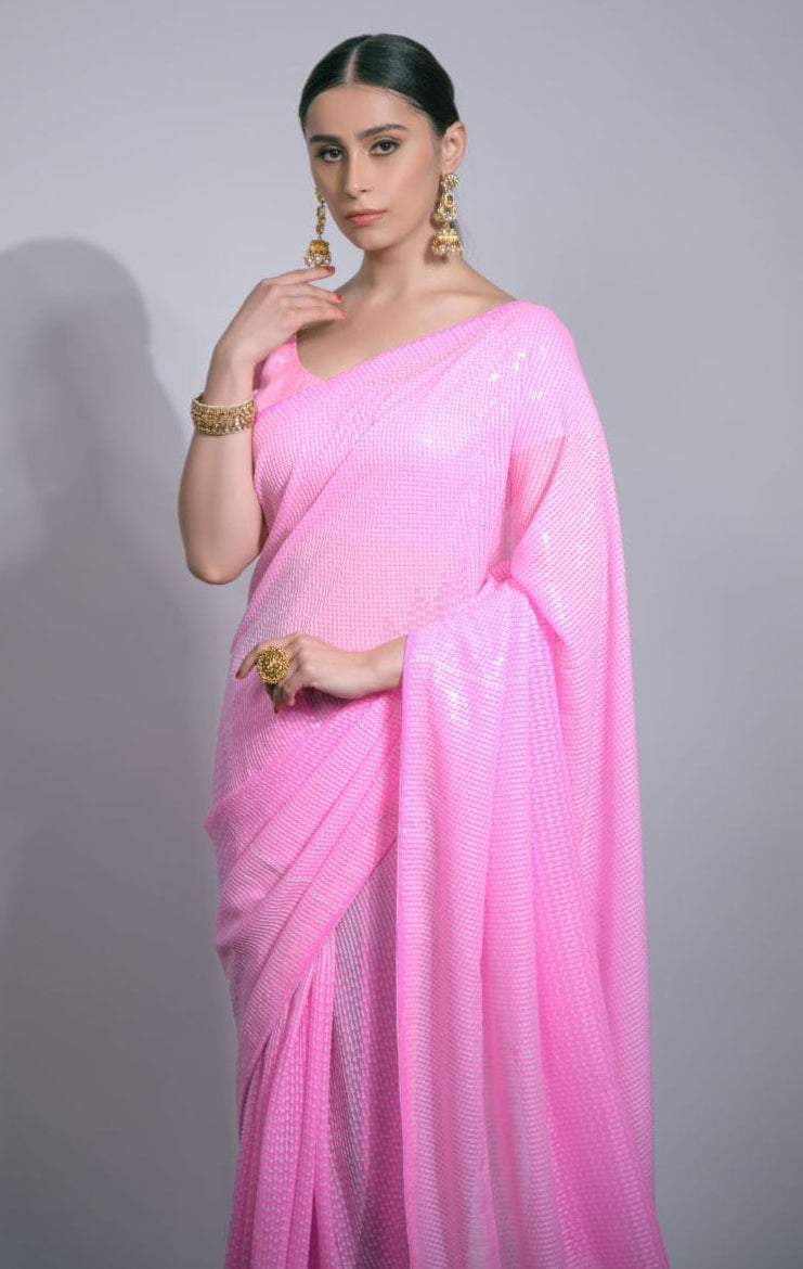 Pink Saree With Fancy Embroidery Sequins Work