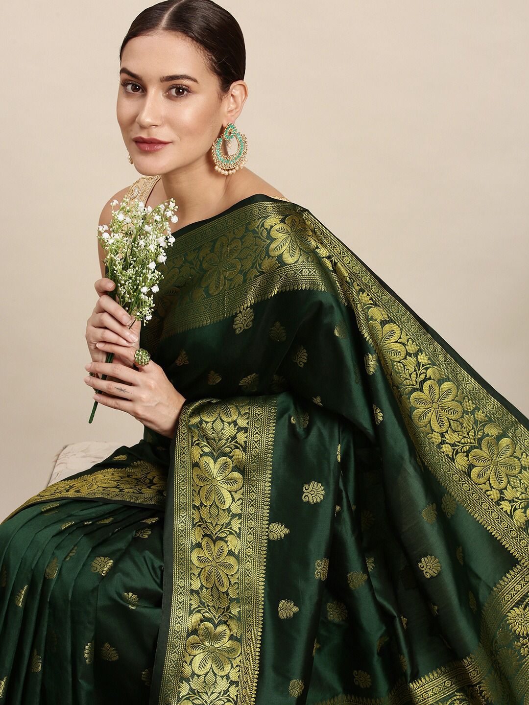 Bright Green Silk Saree With Jacquard Work